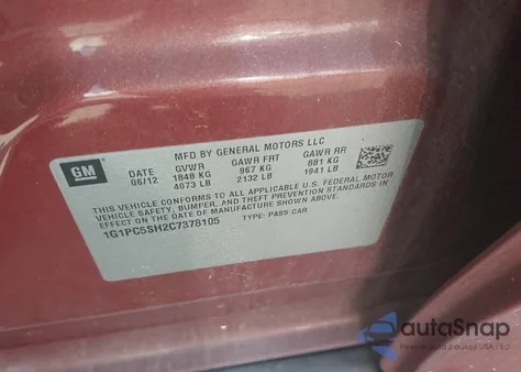 2012 Chevrolet Cruze Ls z USA, uszkodzony, nr VIN 1G1PC5SH2C7378105